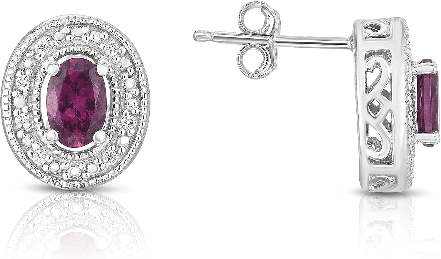 Grape Garnet and Diamonds Oval Stud Earrings, 925 Sterling Silver, Gift Ready Packaging