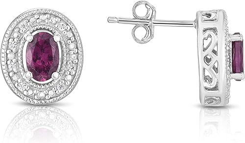 Miniatura 2 de Aretes ovalados de granate de uva y diamantes, plata de ley 925, embalaje listo para regalo, Metal Gema, Granate