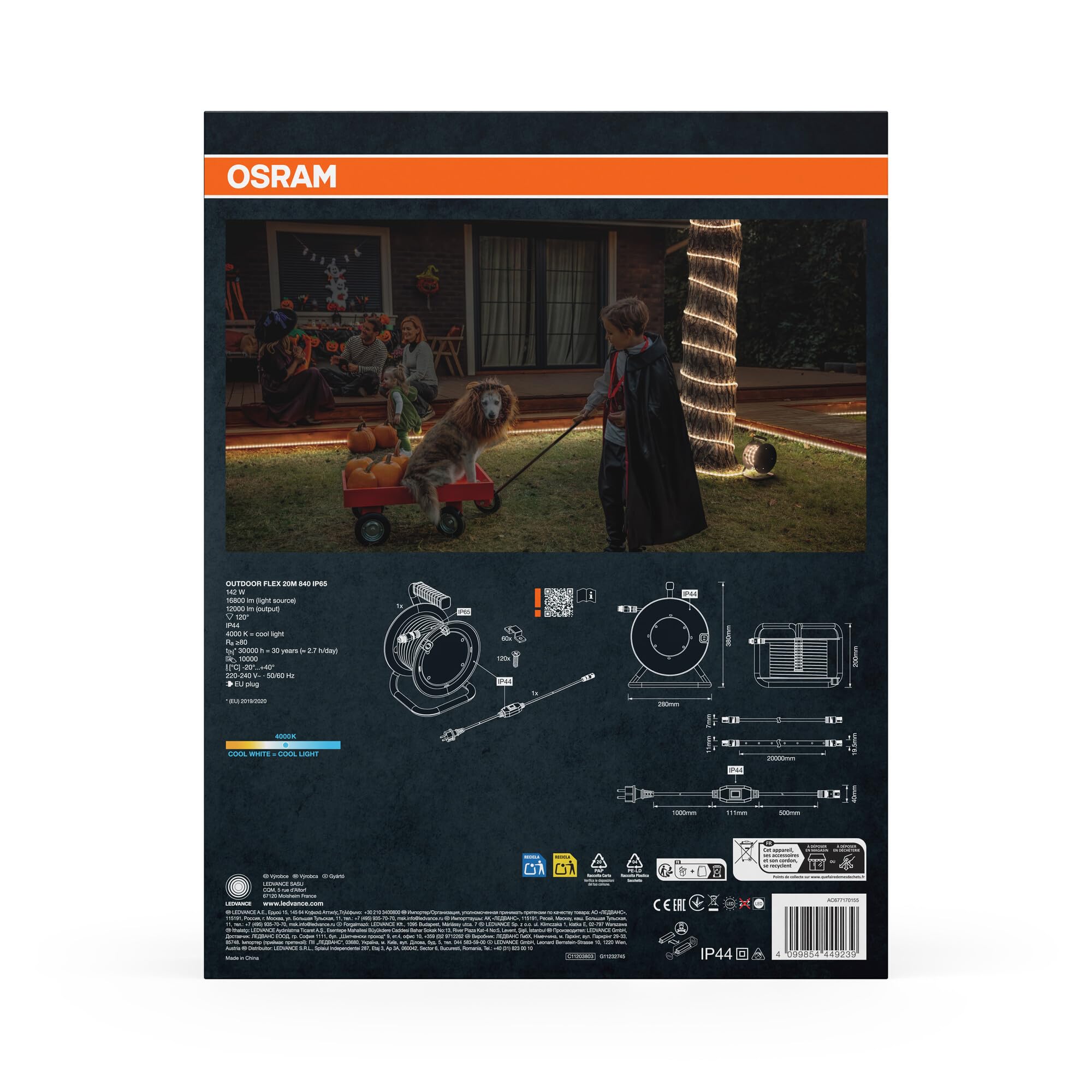 OSRAM Taśma LED Outdoor Flex 20M IP65, chłodna biel, możliwość przedłużenia do 50 m, w tym bęben kablowy, akcesoria montażowe, kabel połączeniowy