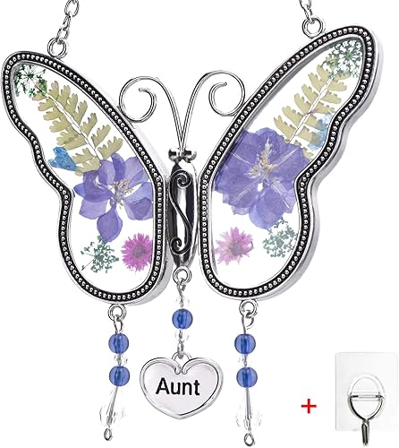 Miniatura 1 de Laraine Atrapasoles de mariposa con alas de flores prensadas para el Día de la Madre, mariposa de cristal, campanilla de viento, adorno con corazón