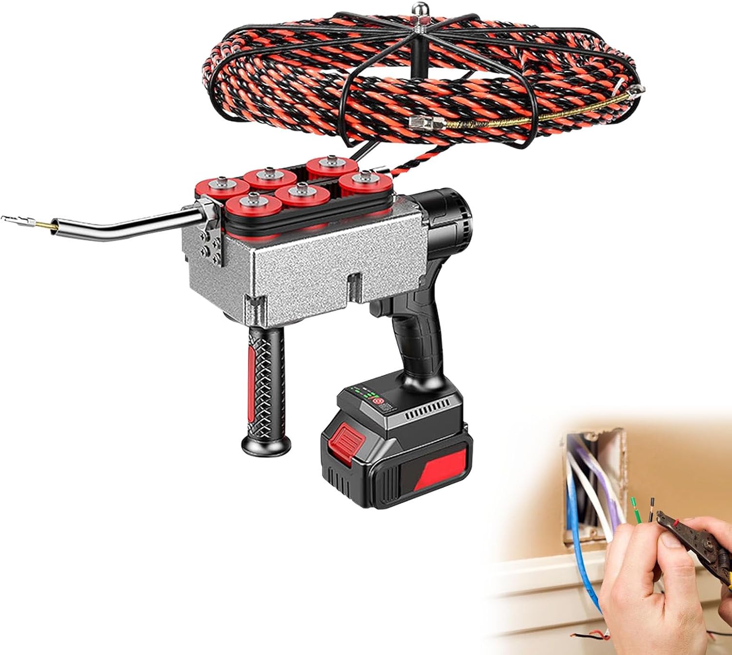 Electrical Wiring Work for Running Wire Through Walls，Cordless Fish Tape Professional Wire Threading Tool, 40m/Min,130 Kg Pulling Force 37500mAh-1Battery