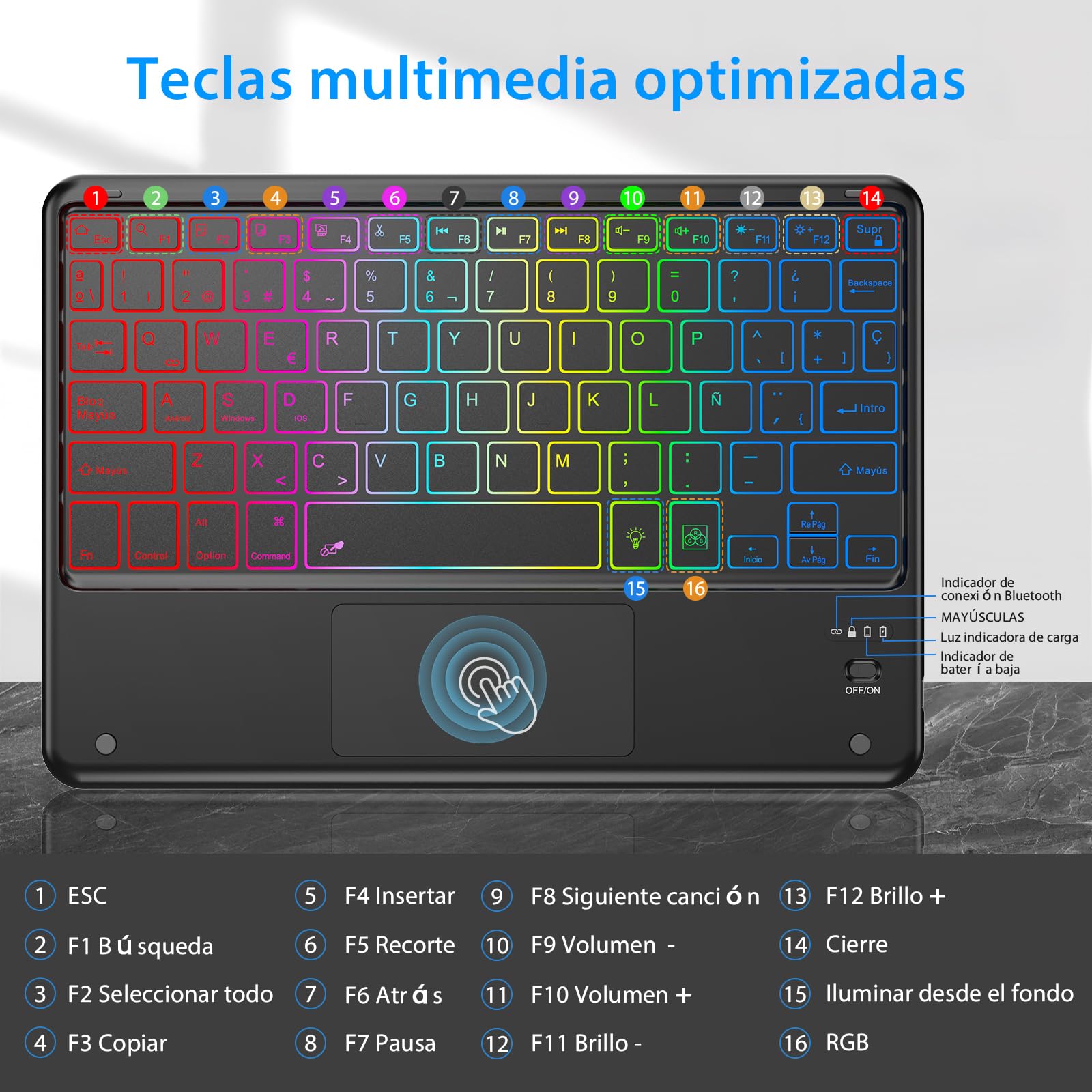 KBCASE Teclado con TouchPad, Teclado Bluetooth Inalámbrico Español para Tablet iPad/iOS/Android/Windows/iPad Pro/iPad Air/iPad Mini, Samsung, Lenovo, Huawei, iPhone y Retroiluminación de 7 Colores