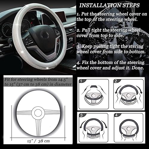 Miniatura 7 de Funda de volante de diamantes de imitación para automóvil, fundas de volante de cuero brillante de 15 pulgadas, se adapta a la mayoría de