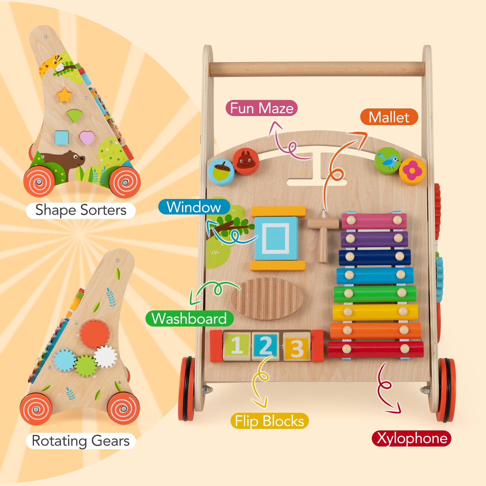 BABY JOY Wooden Baby Walker, Push and Pull Sit to Stand Learning Activity Center, Montessori Educational Toy, Push Walker with Wheels & Storage for Boys Girls