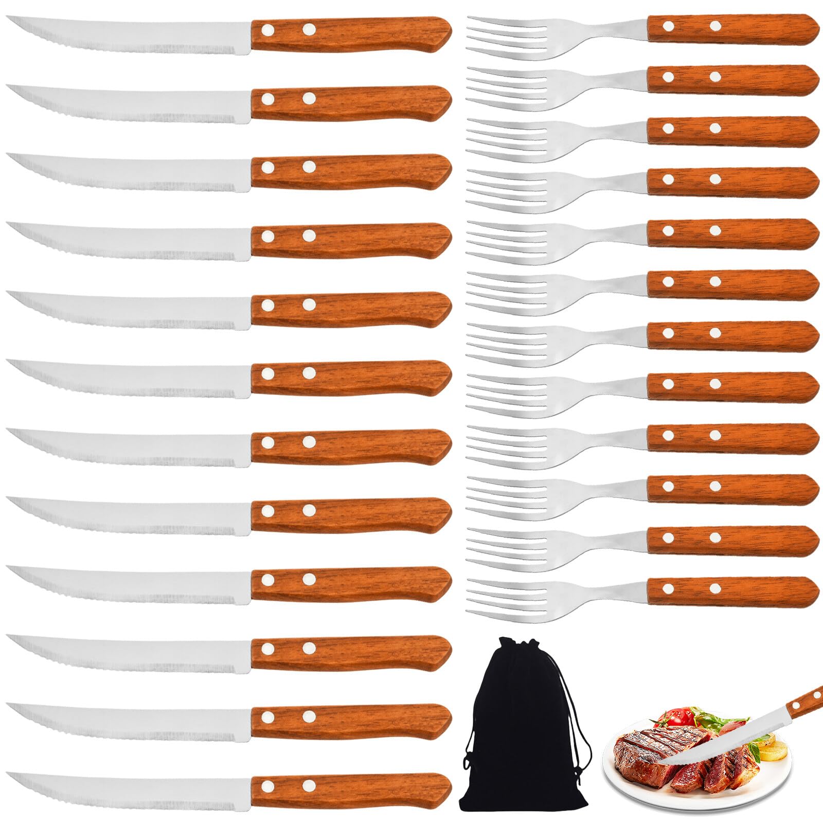 BAIFULAI Lot de 24 couverts pour steak, en acier inoxydable, avec manche en bois, set de couteaux et fourchettes à steak, pour 12 personnes