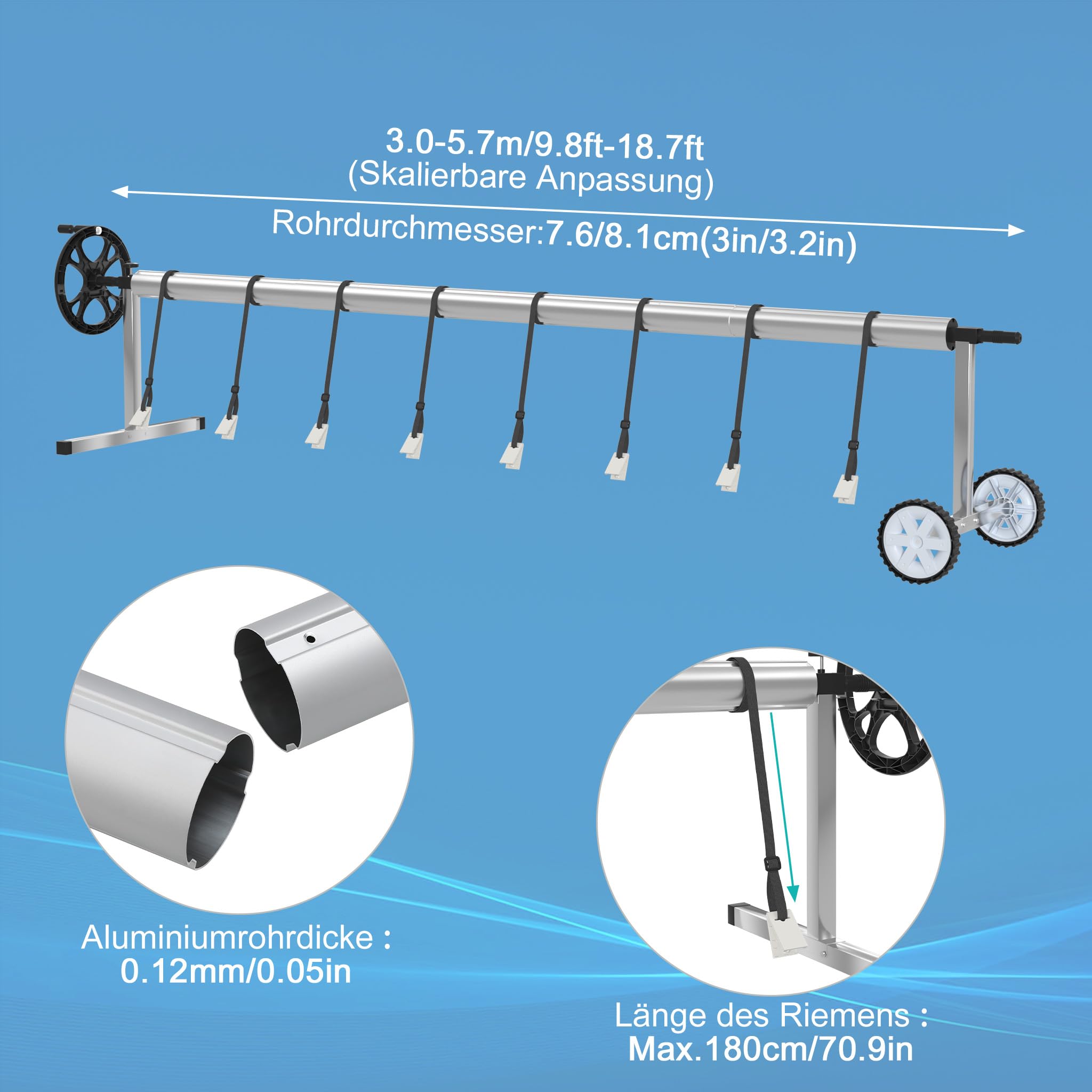 YRHome Premium Pool Aufroller 3m - 5,70m Mobiles Aufrollsystem für Solar- & Poolplanen