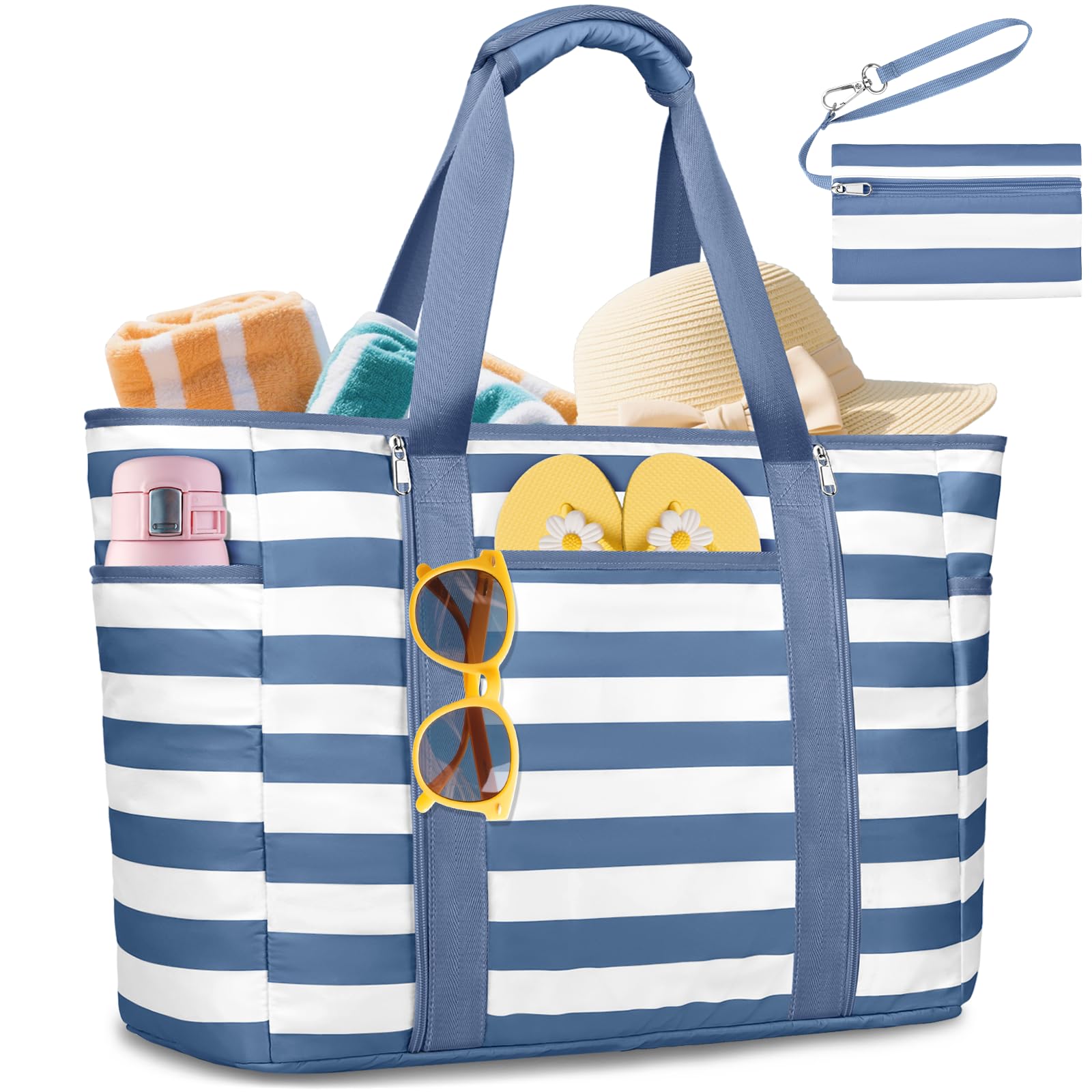 KTUEOV Strandtas XXL, waterdicht, 45 l, strandtas, familie, 12 praktische zakken, strandtas, opvouwbaar, licht, met ritssluiting, strandtassen voor dames, voor zwembad, reizen, sportschool, Wit Blauw