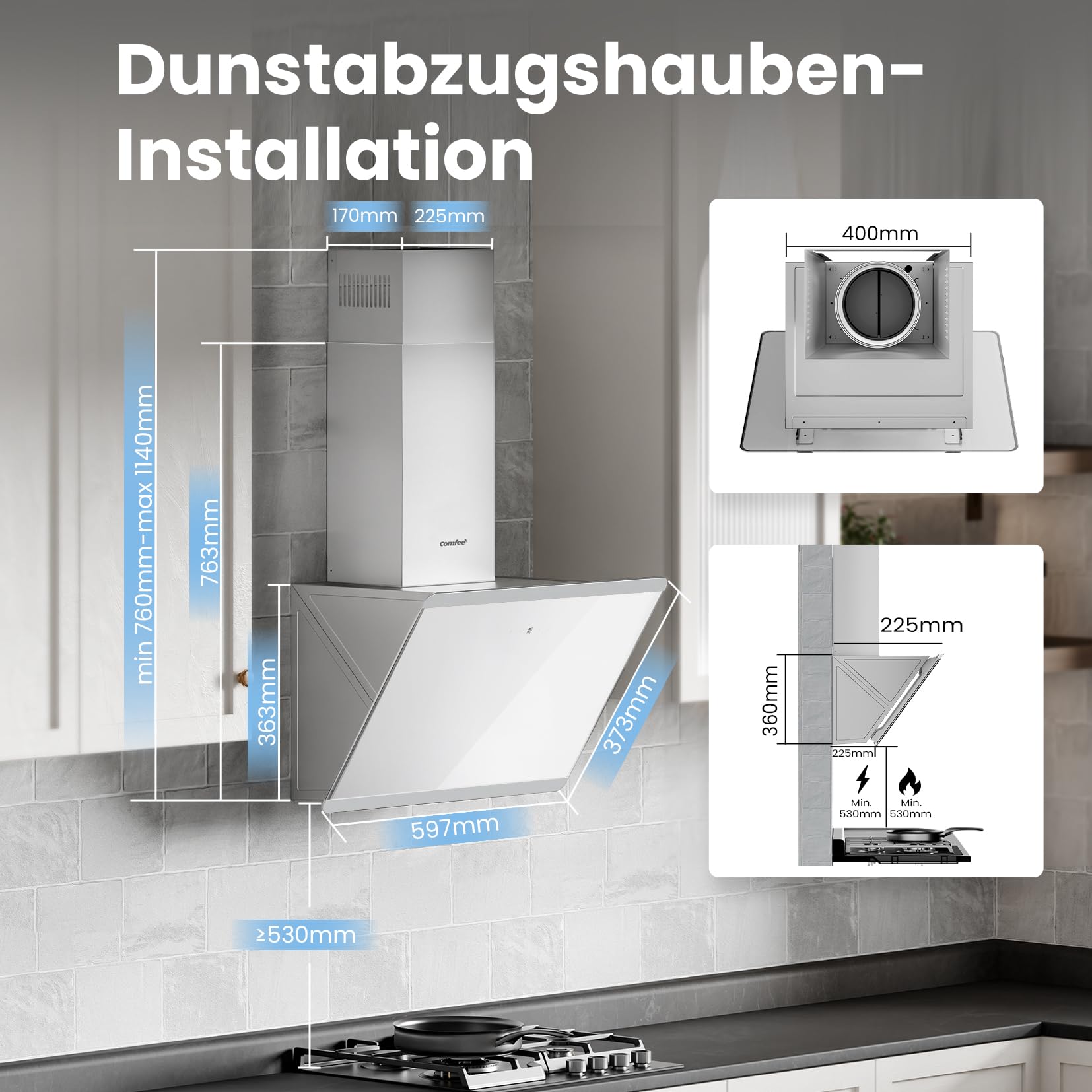 COMFEE CH60J64ET4A2W A++ Hotte aspirante 60 cm, Hotte 60 cm de convection et d'air évacué, 380 m³/h de flux d'air, design en acier inoxydable/verre avec écran tactile, LED, hotte aspirante avec filtre