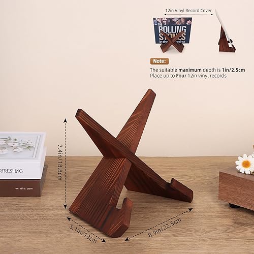 Miniatura 4 de PUERSI Soporte para discos de vinilo Now Playing, soporte de madera para discos giratorios, color marrón rústico