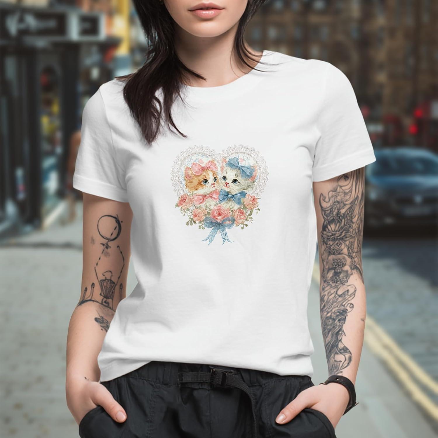 MARSVOVO Women's Cat Print Cotton T-Shirts 2026 Short Sleeve Crew Neck Casual Graphic Tee Cute Artistic Cat Design Tops - Image 2