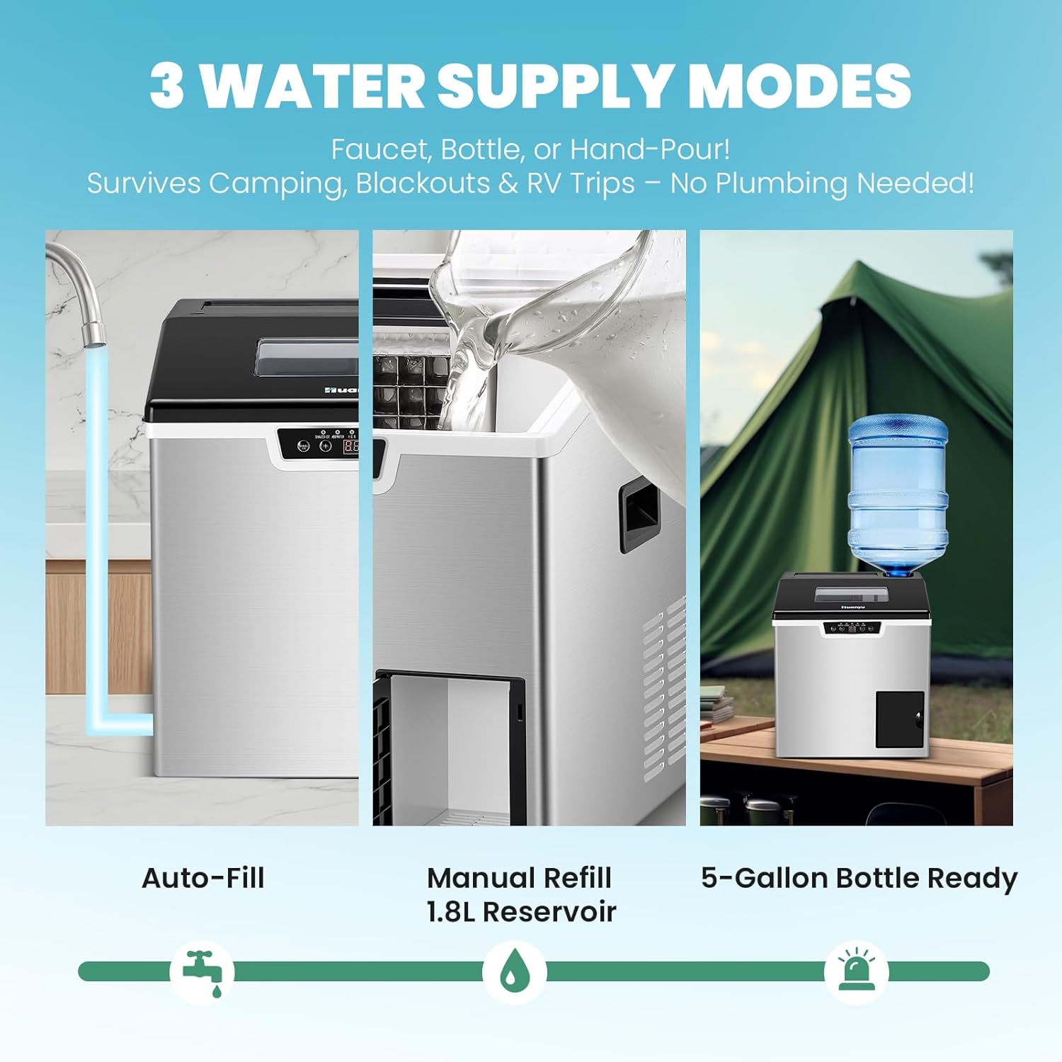 Huanyu 2-in-1 Ice Maker and Shaver Machine, 44lbs/Day High Output, 3 Water Supply Modes, Adjustable Ice Thickness,Automatic Self-Cleaning, Compact for Countertop