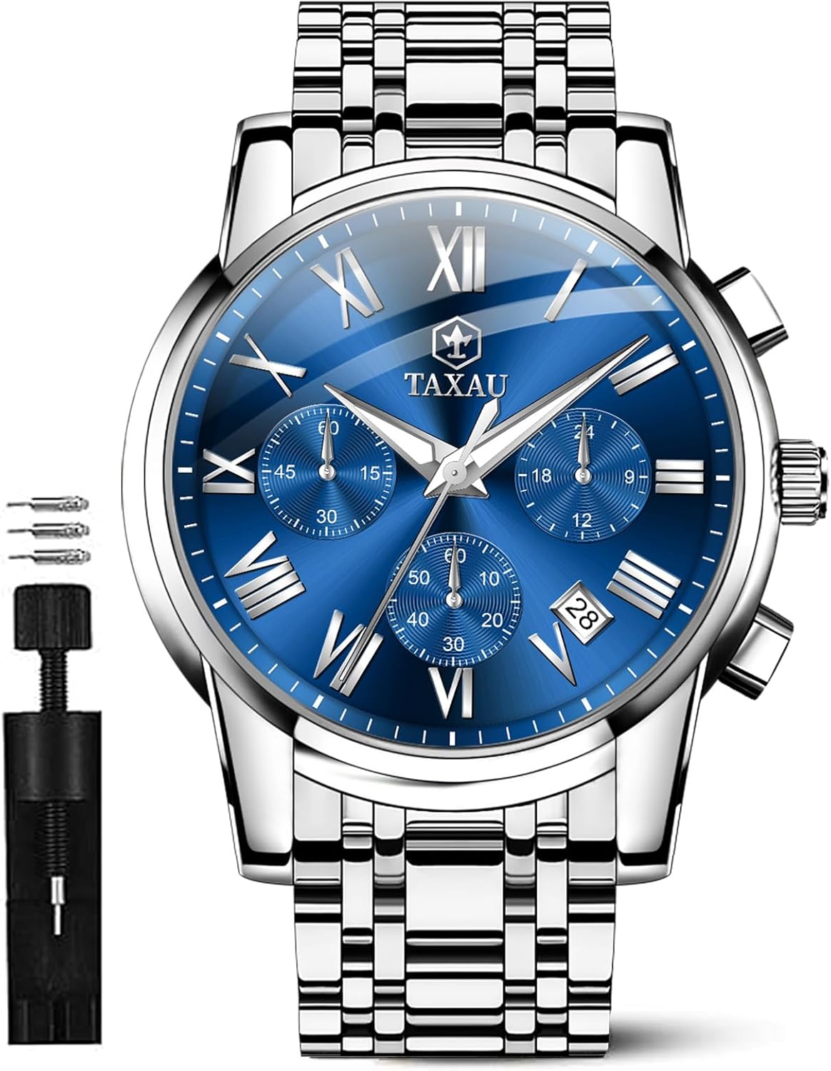 Taxau Mens Watches Luxury Multifunction Waterproof Watches for Men Big Face Analog Quartz Stainless Steel Silver Men's Wrist Watches Chronograph with Date Luminous