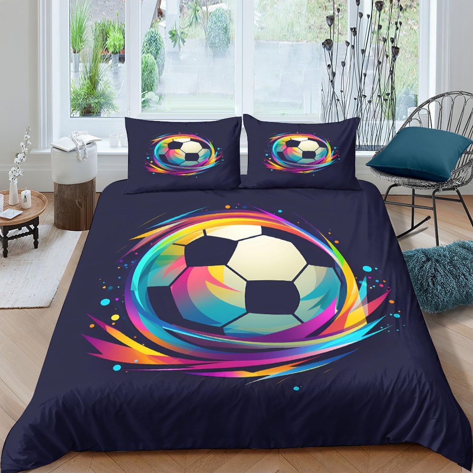 GPLZQXKJNH 3D Printed Colorful Football Duvet Cover Set Microfiber Breathable Soccer Quilt Cover with 2 Pillowcases for Bedroom Decor Single（135x200cm）