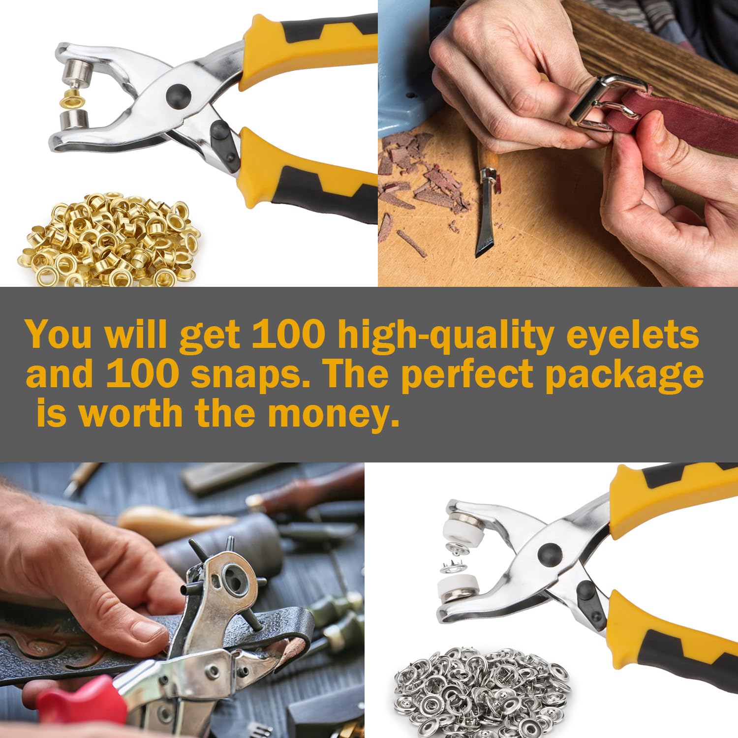 Revolving Leather Punch Eyelet Tool Belt Hole Punch Pliers, Hole Puncher Eyelet and Snap Setting Pliers Great for Crafts, DIY, Dog Collars, Watch Bands, Includes 100 Eyelet and 100 Press Studs
