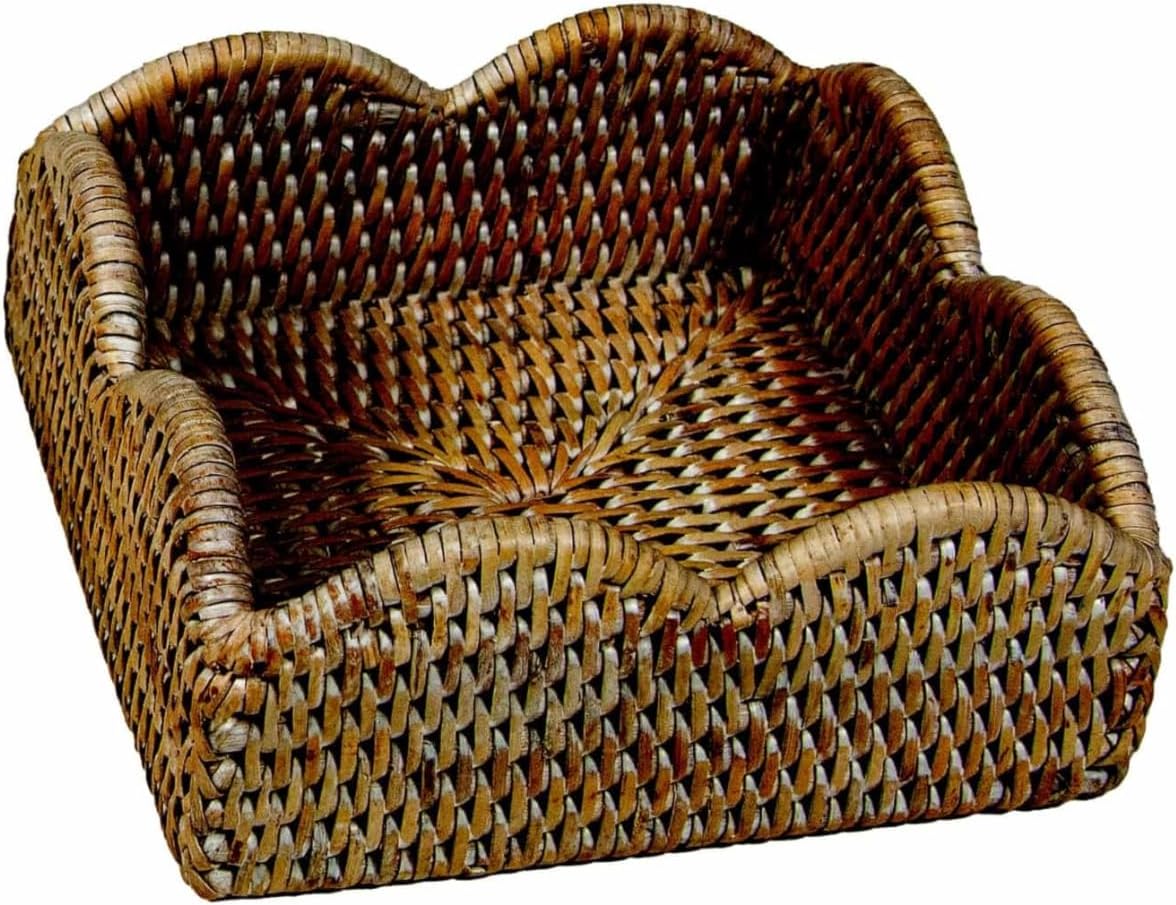 Caspari Rattan Scalloped Guest Towel Napkin Holder in Natural – Handwoven Rustic Organizer for Disposable Hand Towels – 9.5"x5.5"x2.5" – 1 Holder