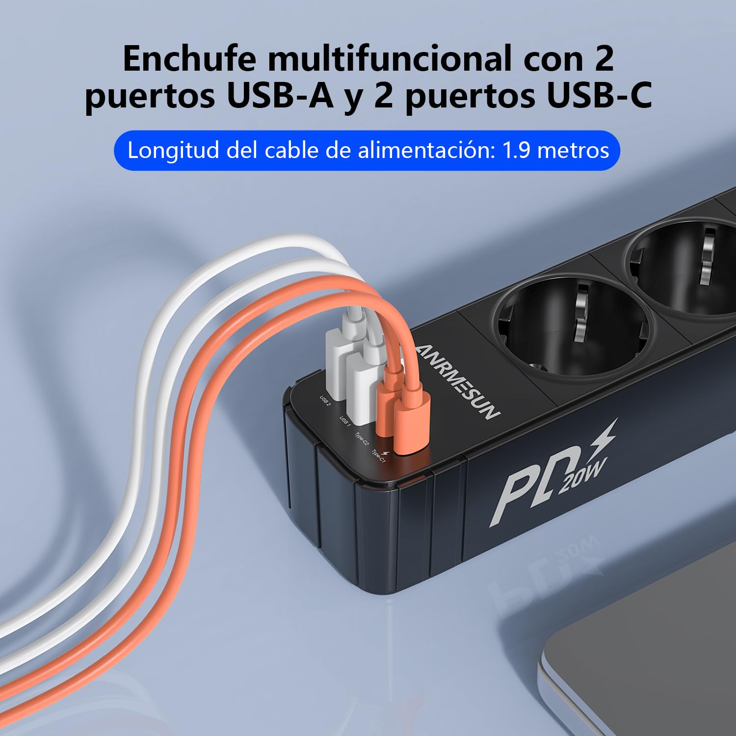 ANRMESUN Regletas Enchufes con 3 Tomas y Interruptor, Enchufe Múltiple de Carga 2 USB A y 2 USB C (PD 20W), Protección Sobretensión, Cable 1.9m, Ideal para Viajes y Hogar — view 4