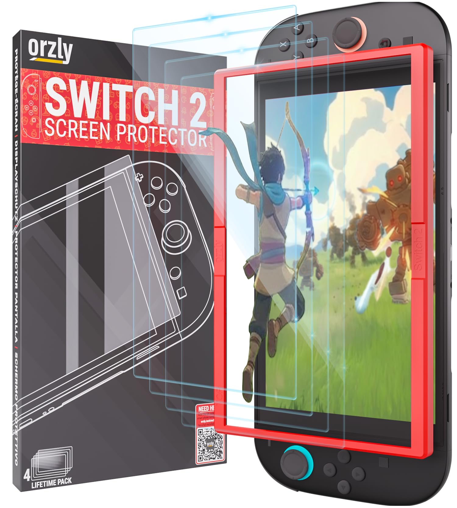 Orzly Glass Screen Protector for Nintendo Switch 2 Console 2025 Screen Size 7.9 inch 4 Pack. No Bubbles Easy Installation Anti Scratch Edition