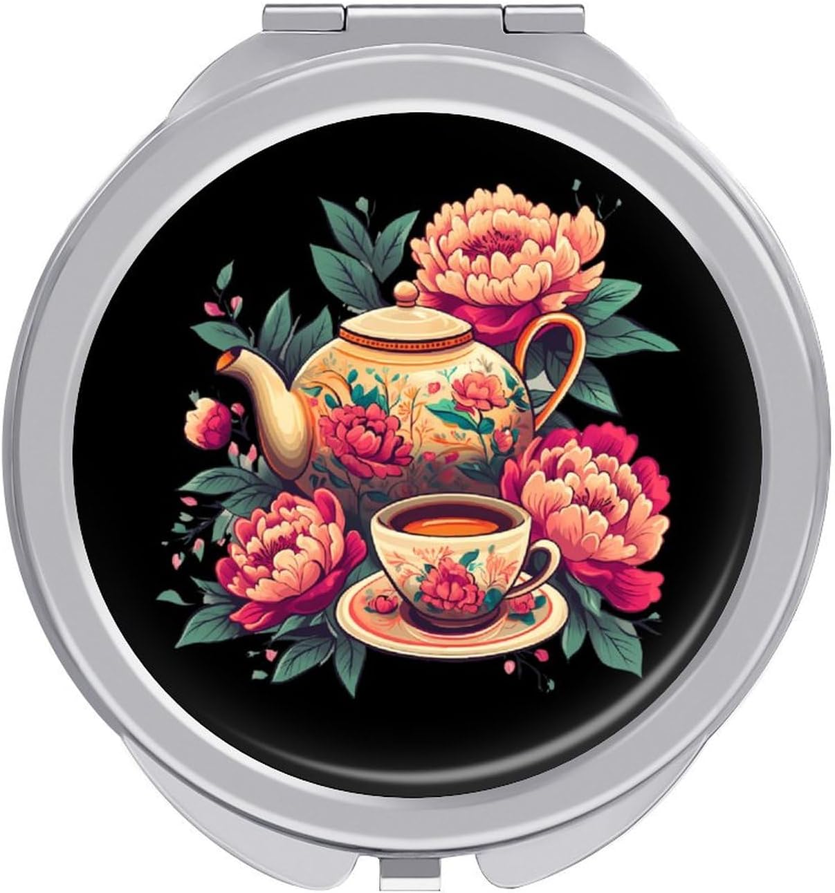 Floral Flowers Tea Cup Teapot Compact Makeup Mirror Mini Foldable Cosmetic Mirror Portable Travel Mirror for Purse Pocket