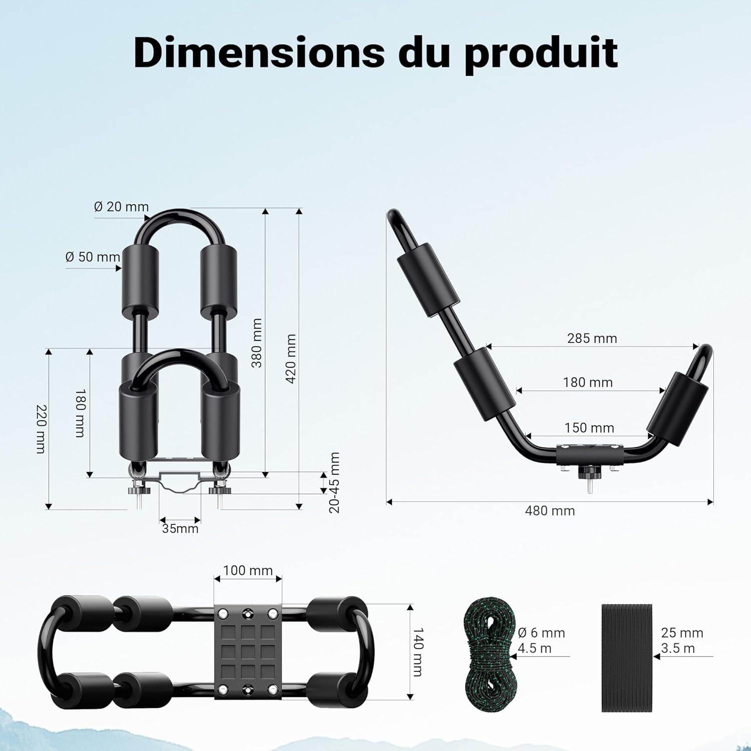 Technical dimensions of the WilTec J-Bar roof rack