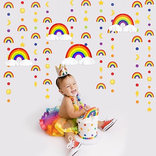 Miniatura 6 de Decoraciones de fiesta de arco iris, nube 3D, círculo, puntos, estrella, luna, rayo, guirnalda colorida para cumpleaños, baby shower, boda,