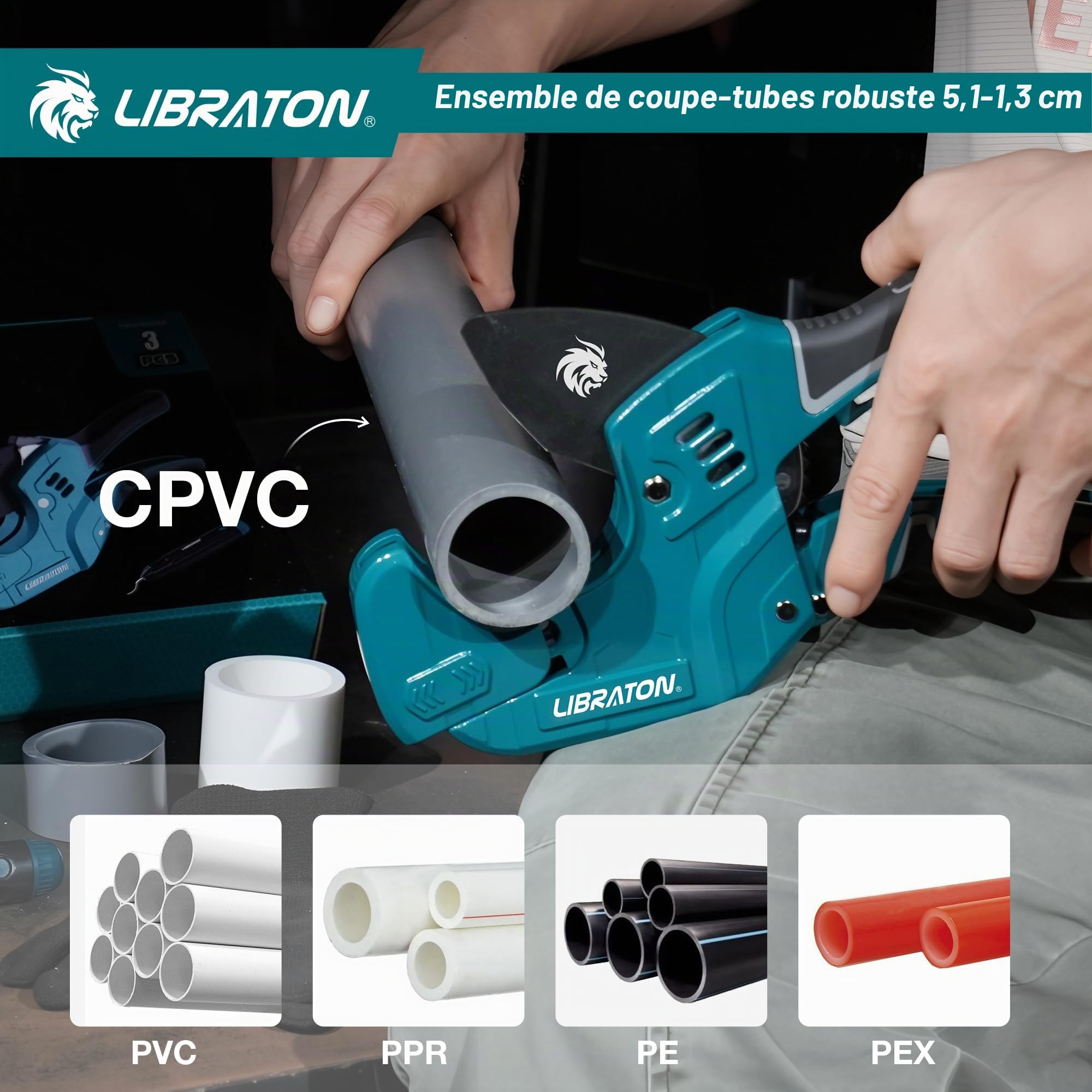 Libraton Coupe-tube PVC, 63mm Coupe-tube Plastique, Coupe-tube à Cliquet avec Lame Interchangeable & Outil D'ébavurage, pour Tubes PEX, PVC, PPR, Flexibles et Tuyaux de Plomberie