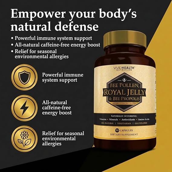 Immune Boosting Royal Jelly, Bee Pollen & Bee Propolis Supplement, 90 Caps | High Potency, Concentrated Apitherapy Formula for Women & Men | Gluten Free, Non-GMO and All Natural Superfood