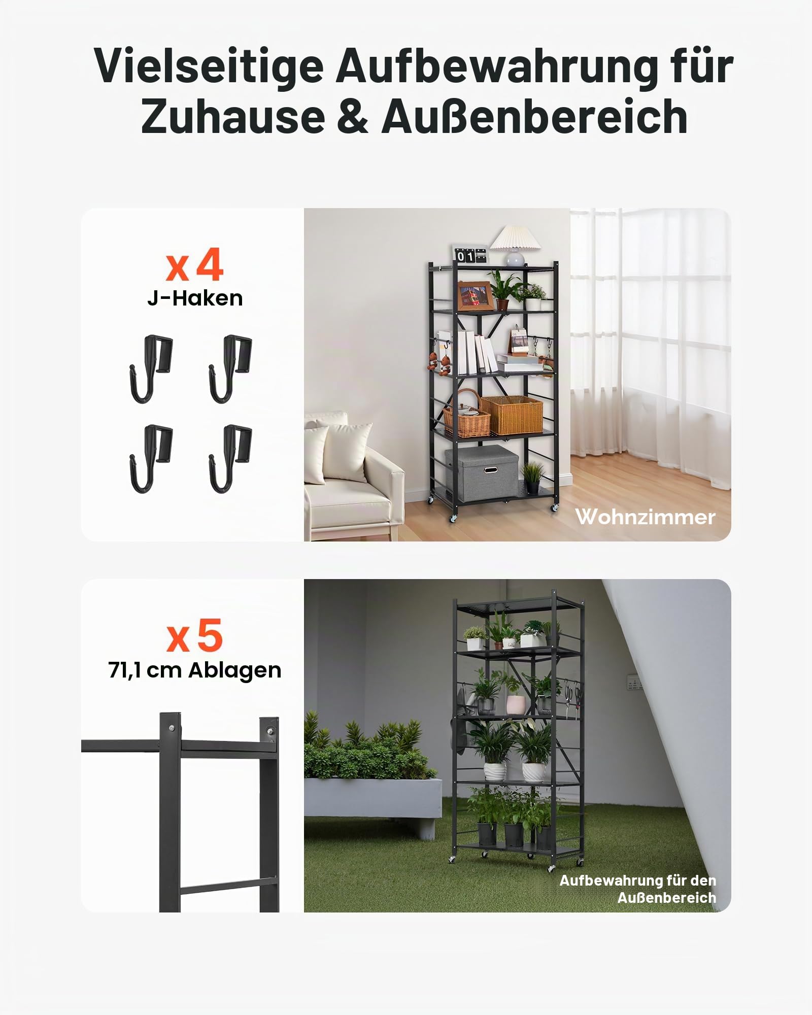 VEVOR 5 Etagen, Klappbare Regale mit Rädern, 38x71x163 cm, Faltbares Schwerlastregal, montagefreies Standregal, Haushaltsregal, Küchenregal, Metallregal für Garage, Küche, Keller, schwarz