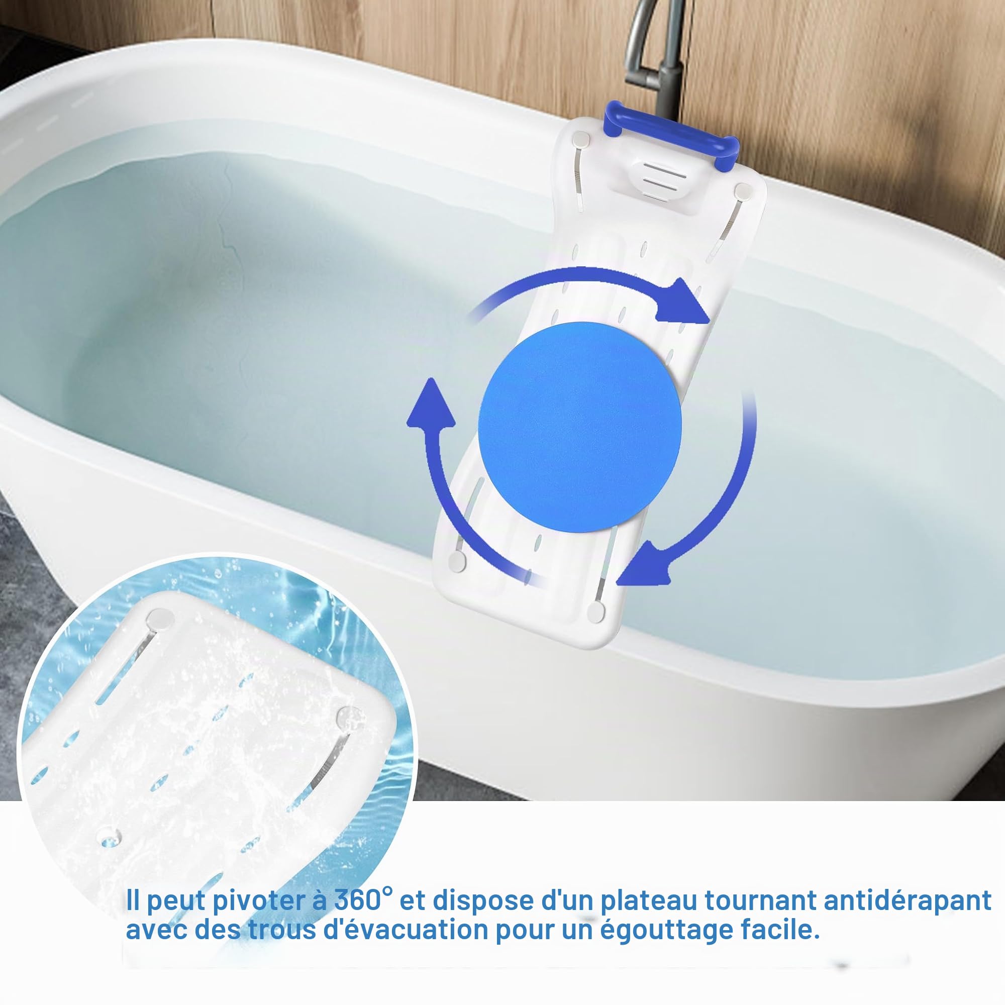 XMTECH Siège de baignoire pour personnes âgées - Planche de baignoire pour s'asseoir - Avec poignée ergonomique - Antidérapante - En plastique - Avec poignée bleue et plateau tournant