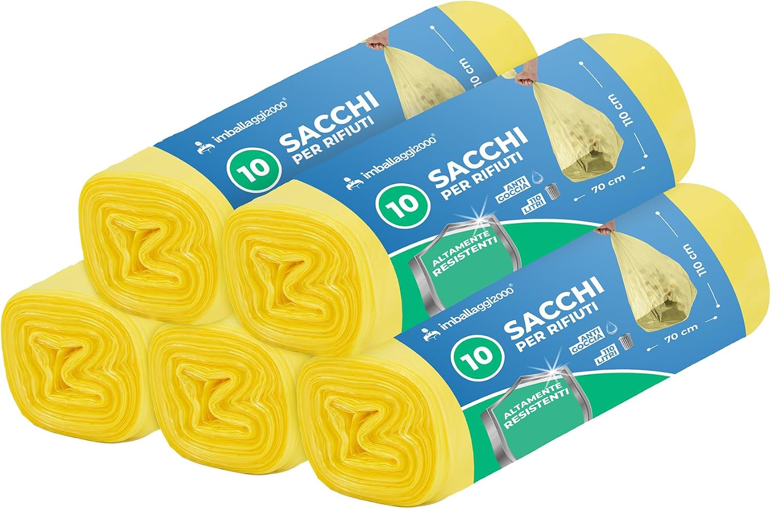 IMBALLAGGI 2000 - Sacchetti Spazzatura 70x110 (110L) in Plastica Riciclata Gialli, 5 Rotoli x 10 Sacchi Spazzatura Raccolta Differenziata Interno, Tot 50 Sacchetti Tutti Rifiuti Resistenti Rinforzati