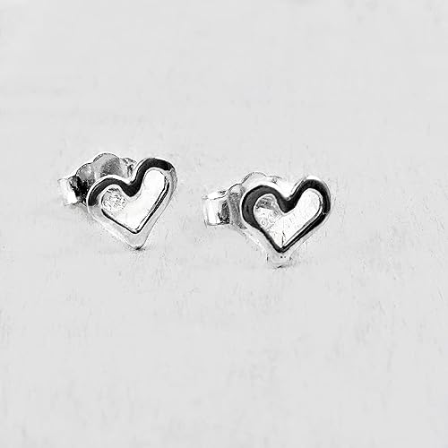 Miniatura 3 de Mini Open Hollow Heart Stud Post Handmade Earrings, Sterling Silver 925 Polished Finish (7 mm). Perfect Small Gift