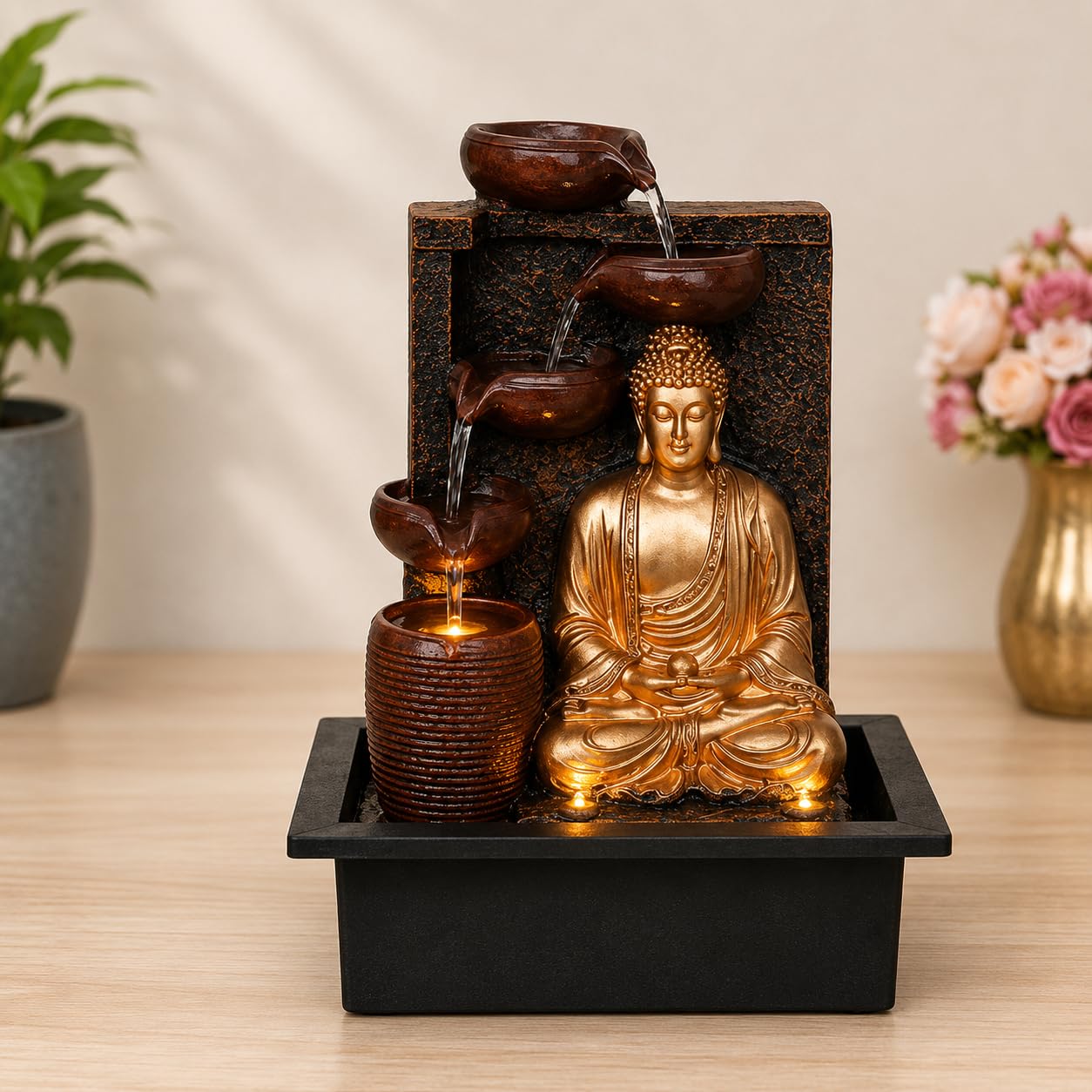 Indoor Buddha Water Fountain with LED Light & Speed Controller | Home Decor, Meditation Use, Pooja Room Decor, 4-Tier Bowl Design, Pebble Base-image-36