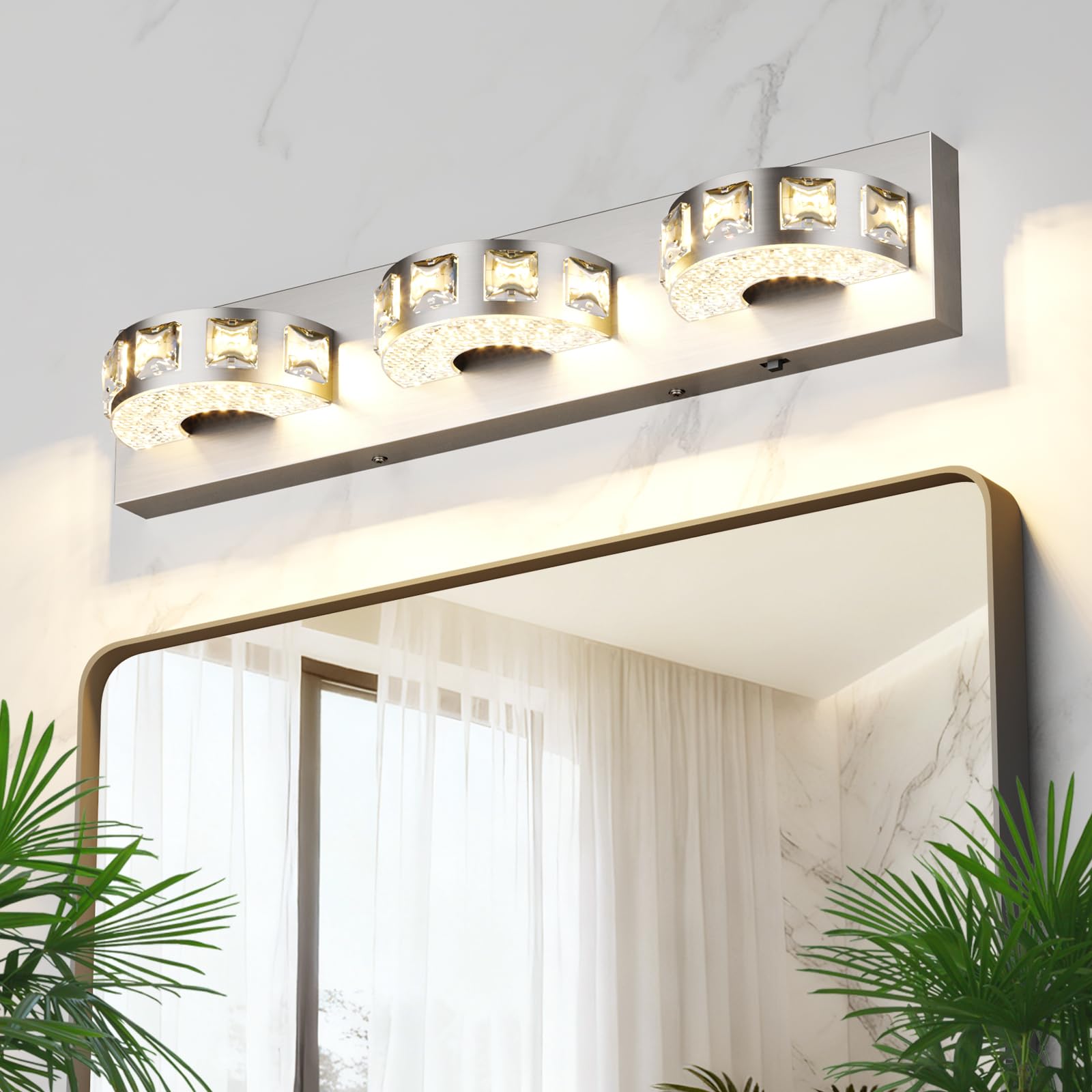 led modern bathroom vanity lights 24w 21.6 inch dimmable 5cct brushed nickel wall lighting (3-light) crystal bathroom light fixtures for bathroom mirror restroom-etl certificated