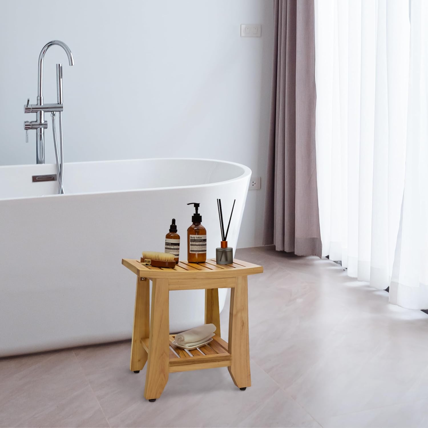 Teak Shower Bench Stool, 14'' Compact Waterproof Wooden Sauna Bath Bench with Storage Shelf, Non-Slip Solid Teak Shower Seat Chair for Small Bathrooms Inside Shower and Outdoor Use
