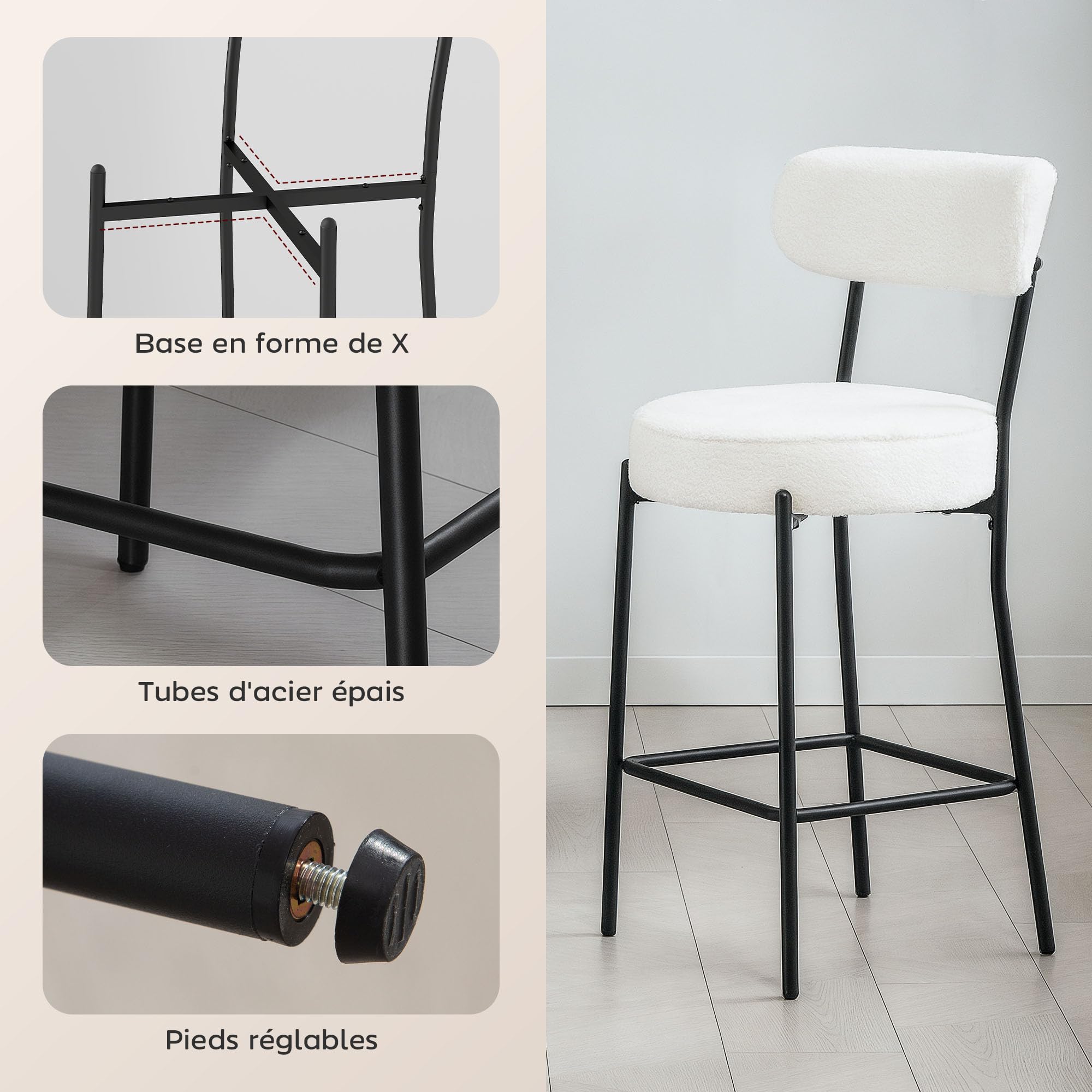 HOMCOM Lot de 2 Tabourets de Bar en Tissu Bouclette Assise 68H cm Crème | Chaises de Bar, Assise Large, Dossier Courbé, Repose-Pieds, Pieds en Acier, Chaises Hautes Cuisine, Salle à Manger, Comptoir