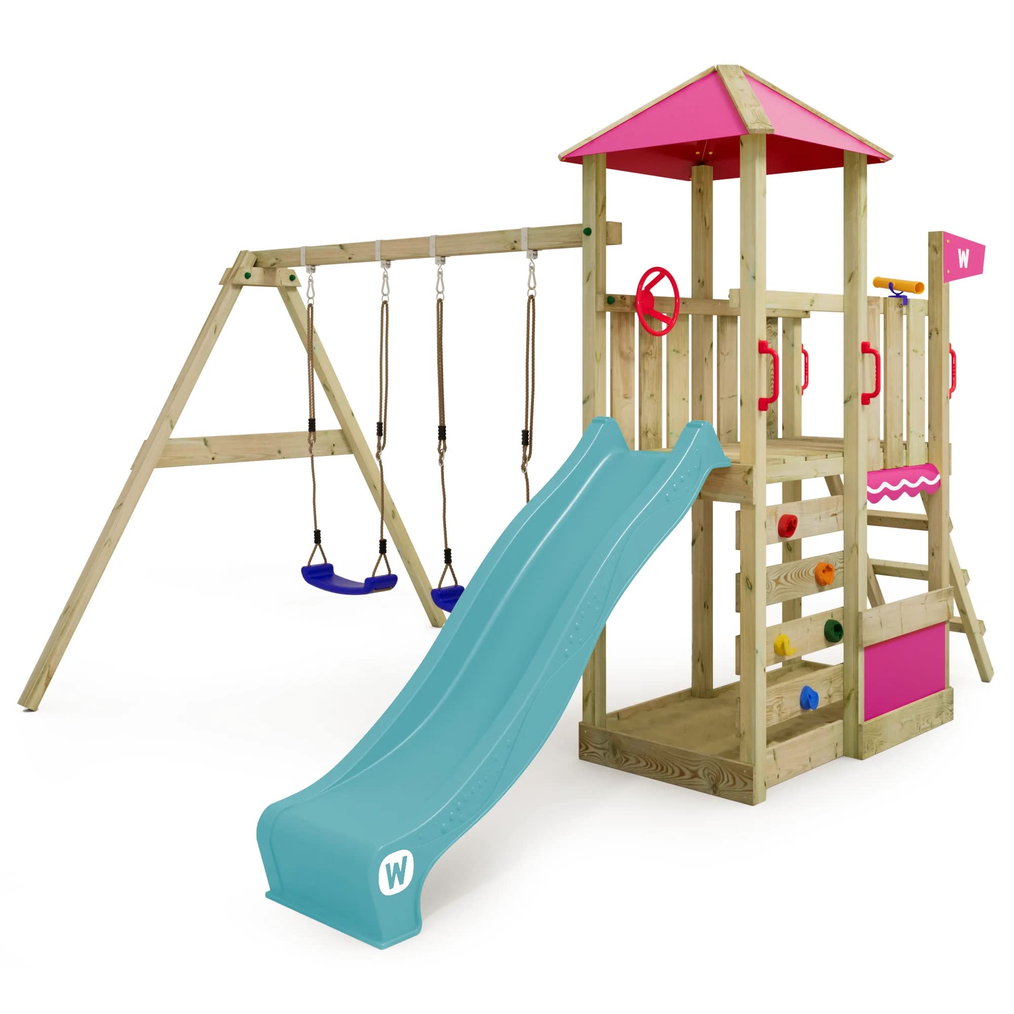 WICKEY Parque Infantil para trepar Smart Savana con Columpio y tobogán Turquesa, Torre de Escalada Infantil de Exterior con arenero, Escalera y Accesorios de Juego para el jardín
