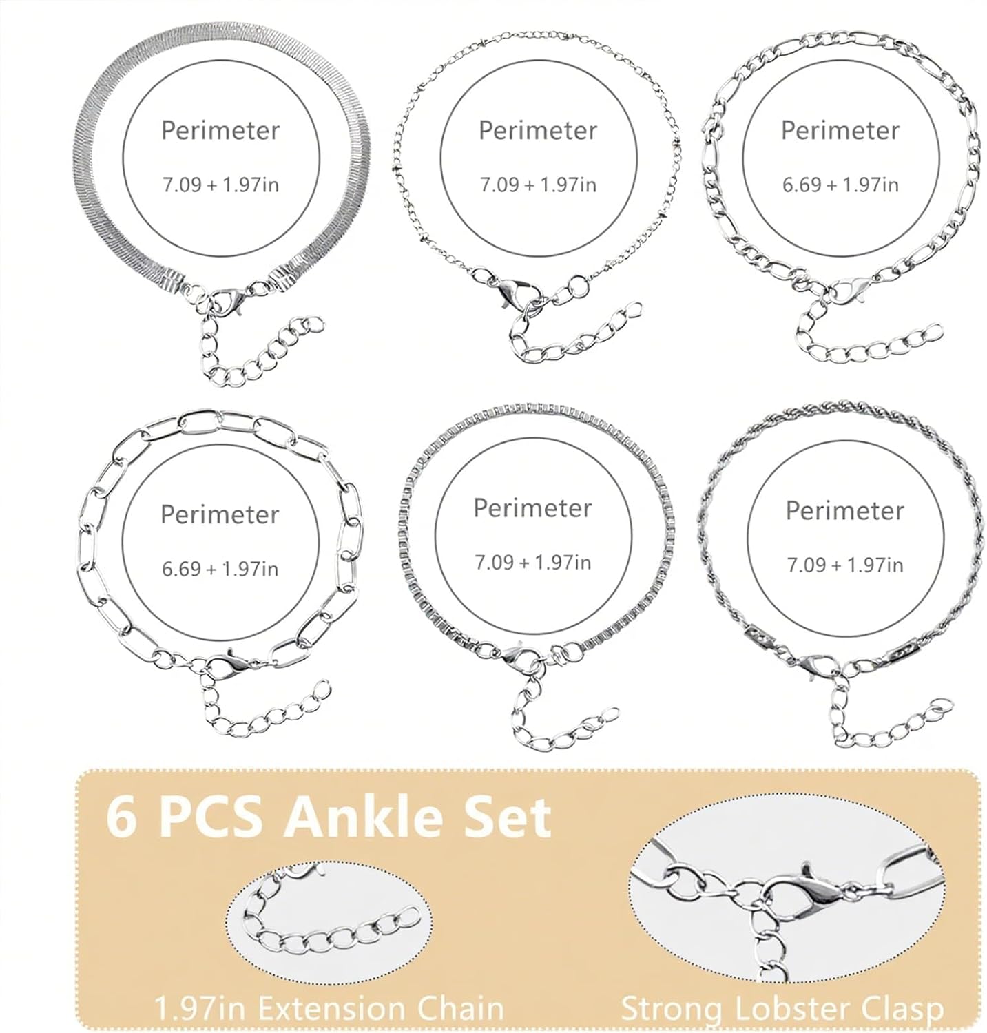 6 PCS Gold Ankle Bracelets for Women, Gold Jewelry Set Layered Anklet Plated Waterproof Filled Bracelet Cuban Link Chain Fashion Adjustable Size for Gift Daily - Image 3