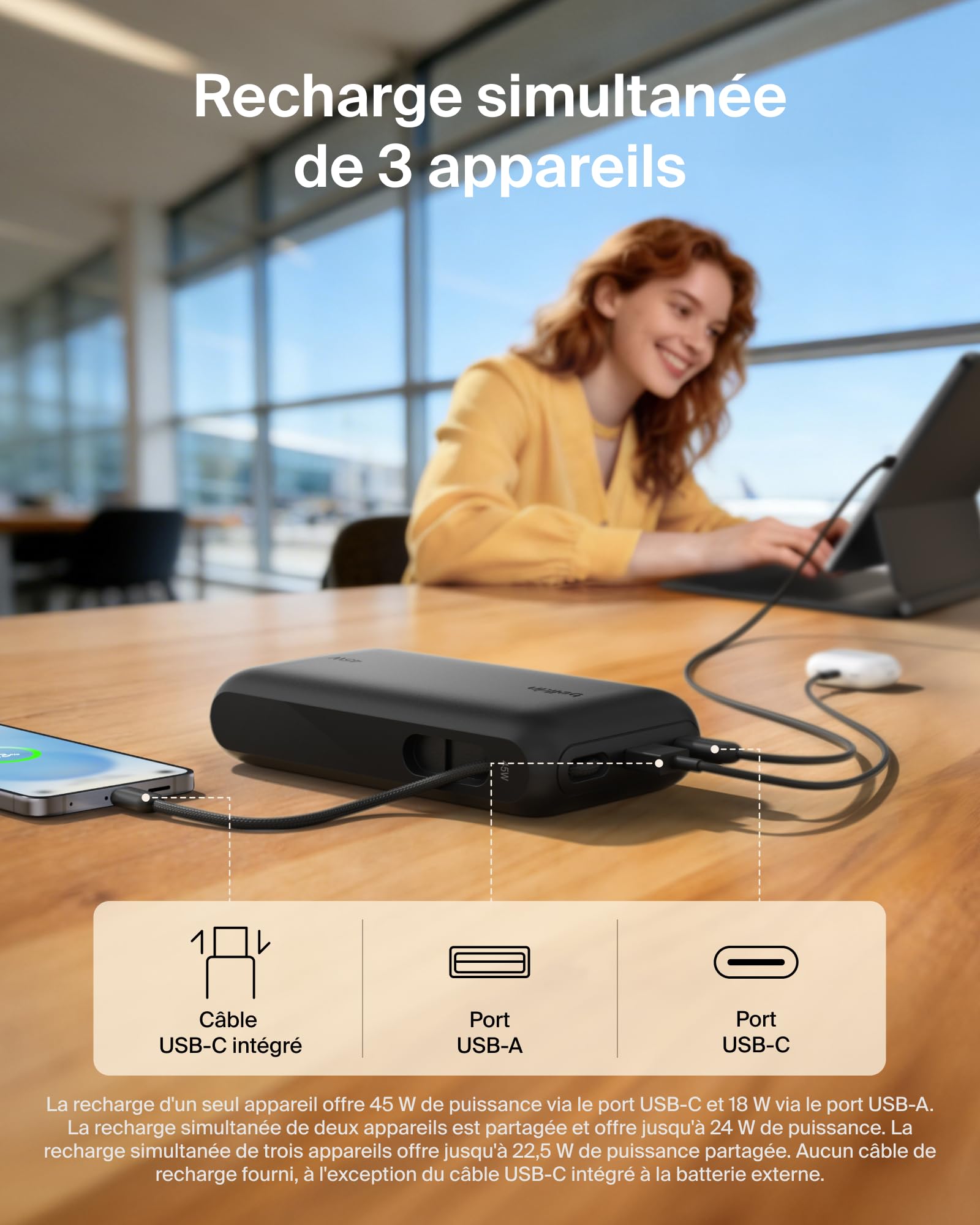 Belkin UltraCharge Batterie Externe 20K avec Câble USB-C Et Écran - Noir