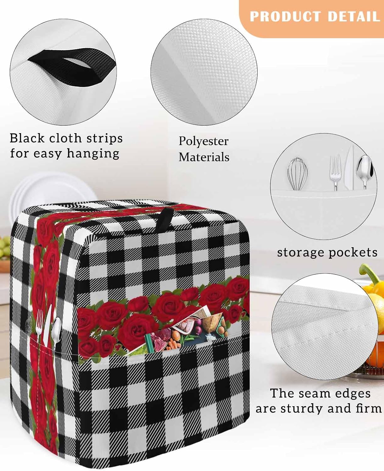 Valentine's Day Stand Mixer Cover with Storage Pocket, Waterproof Kitchen Mixer Covers, Red Roses Floral Leaves Buffalo Plaid Kitchen Appliance Dust Cover Compatible with 4/4.5 Quart Mixers