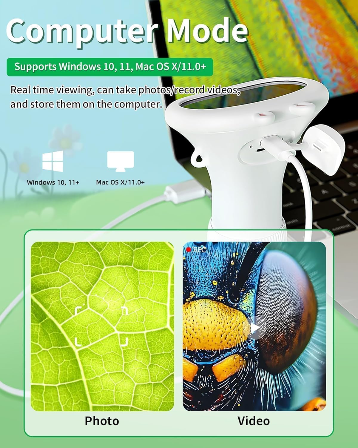 Digitales Mikroskop, 5,1 cm IPS-Farbbildschirm, tragbare digitale Lupe, 1000-fach, Marco-Mikroskope, integrierte 8 LED-Leuchten, USB-kompatibel mit PC, Windows, Mac OS