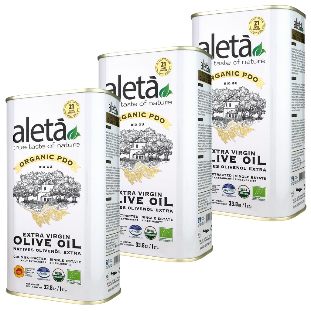 Aleta Farms Extra Virgin Olive Oil, USDA Organic, Single Estate PDO Polyphenol Rich, Cold Pressed, Global Gold Awards, Kosher, 33.8 Fl oz, (1 Ltr) Pack of 3
