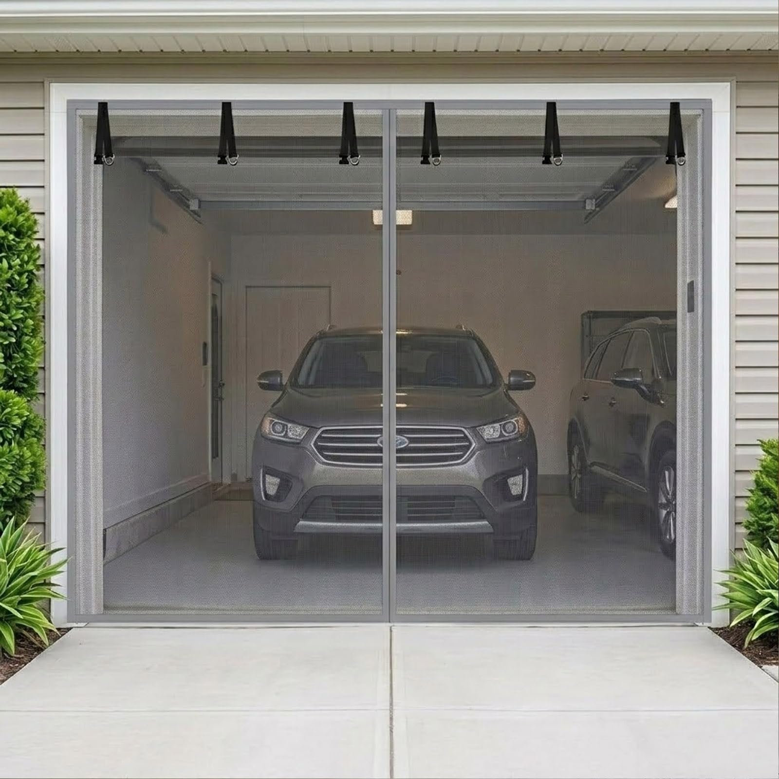 Moustiquaire de garage magnétique grise 165x195 cm pour 2 voitures en fibre de verre