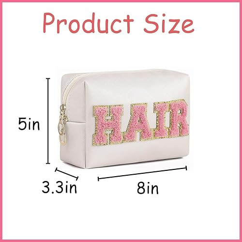 Miniatura 2 de Bolsa de maquillaje de piel sintética con cremallera, bonitos parches de letras de chenilla, bolsa de aseo de viaje rosa para mujeres y niñas,