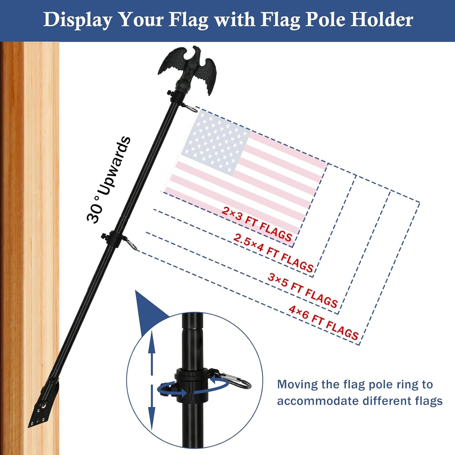 NQ 6FT Flag Pole for Outside House, 3/4 inch Diameter Aluminum Flag Pole with Eagle Topper, House Flag Pole Kit with Flag Pole Holder (Black) - Image 5