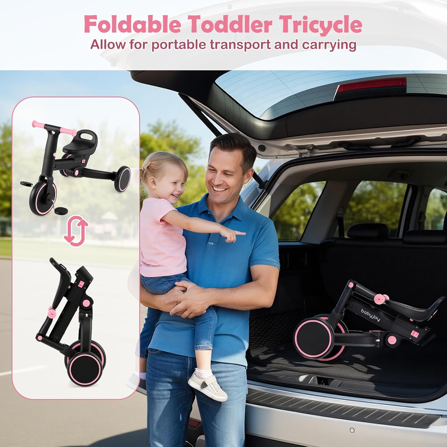 HONEY JOY Tricycle, 5-in-1 Folding Kids Trike w/Adjustable Push Handle & Seat, Baby Balance Bike w/Removable Pedals, Toddler Tricycle for Preschool Boys Girls Aged 18-60 Months (Pink)