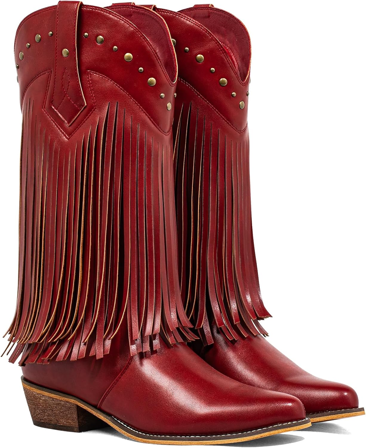 SheSole Fringe Cowboy Boots for Women Wide Mid Calf Cowgirl Boots with Studded, Pointed Toe Chunky Heel Trendy Western Boot