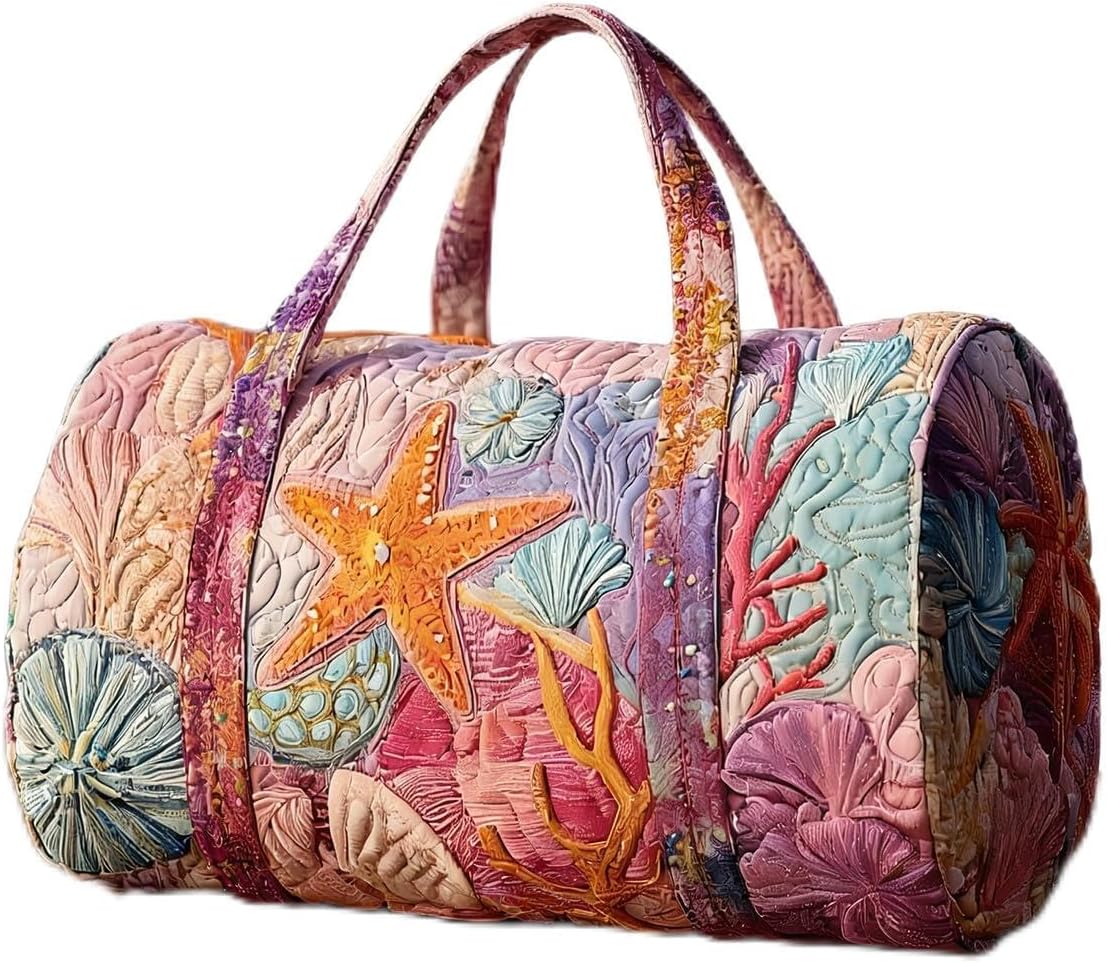 Ocean-Themed Quilted Duffle Bag for Women, Hippie Van Style Travel Weekender with Starfish & Coral Embroidery, Spacious Gym & Overnight Carry-On (A, 18 * 9 * 9)