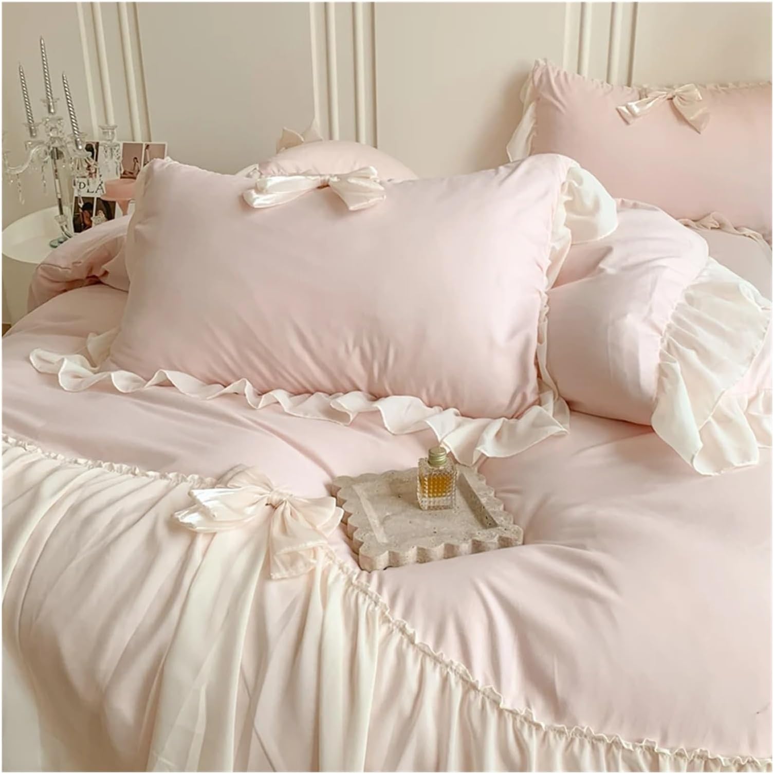 Popxstar Pink Romantic French Princess Bedding Set, Soft Cozy Queen Size, Pleat Lace Ruffles, Duvet Cover Set, Bed Sheet, Pillowcase,