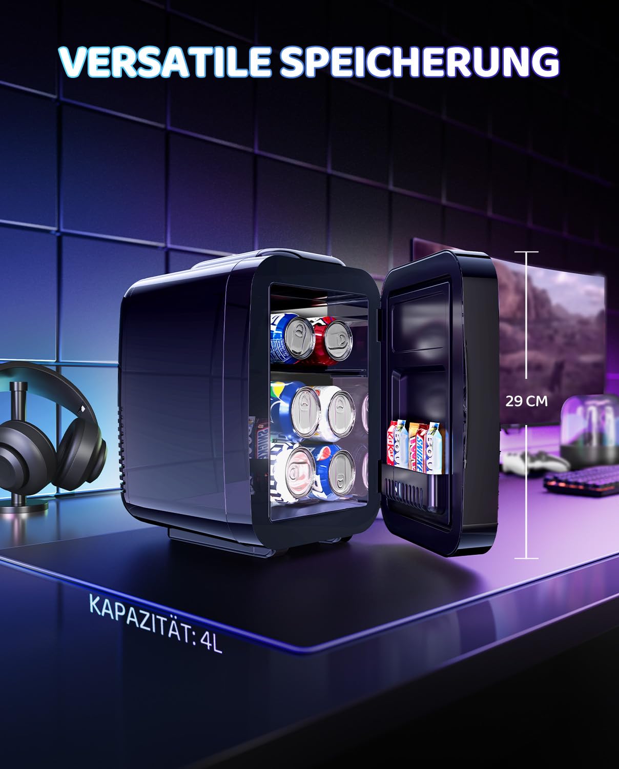 LIGIANT MF01C Mini Kühlschrank mit 7 Lichtmodi & Blinkendem Marquee-Effekt, Leise Kühl-/Warmfunktion, AC/DC, 4L/6 Dosen, Für Gaming-Zimmer, Schlafzimmer, Büro & Auto
