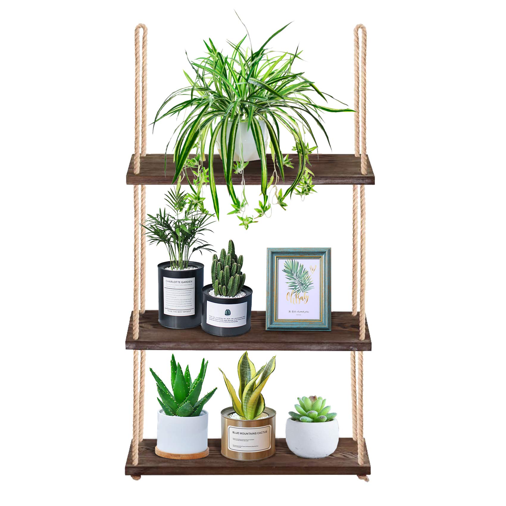 YazooHanging Plant Shelf - 3-Tier Boho Wall Window Shelf for Plants Indoor - Wooden Decor Hanging Rope Shelf - Window Plant Hanger Home Farmhouse Bathroom Rustic Bedroom Decor