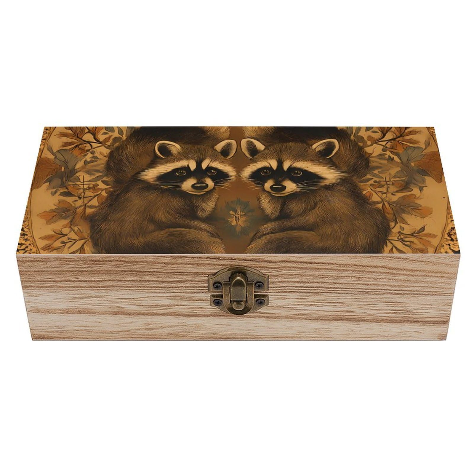 Oudrspo Vintage Raccoon And Leaves Retro Wooden Storage Box Keepsake Jewelry Decorative Art Storages Box Gift Boxs
